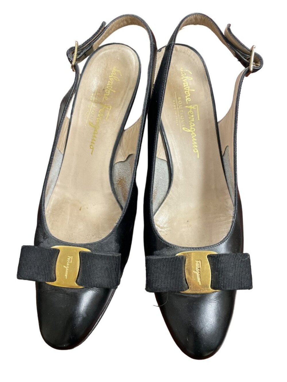 Salvatore Ferragamo VTG women's black gold dress heels shoes Size9 SKU 1679
